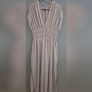 V-Neck Smocked Waist Maxi Dress in Light Taupe